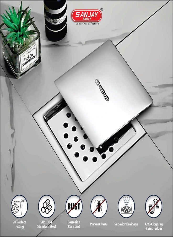 Sanjay Chilly India King Square Floor Drain Jali with Lid Golden Series Water Drain Cover Jali for Bathroom Gratings 304 Grade Stainless Steel Rust-Free, Gloss Finish, Corrosion-Resistant 6x6 Inch - Image 4